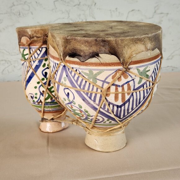 Moroccan Hand-Painted Ceramic Bongo Drums with Goat Hide – Handmade Folk Art - Picture 5 of 16